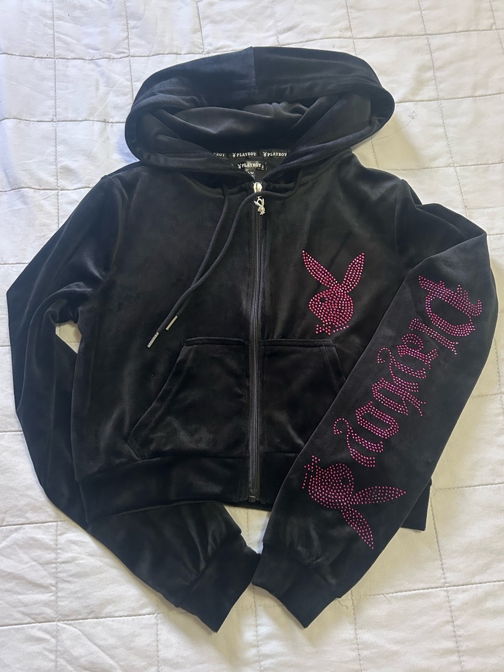 PLAYBOY Black Velour Zip Hoodie with Pink Crystal Bunny Accents